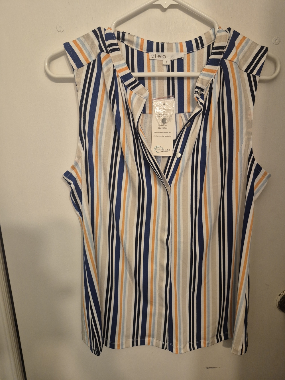 Cleo NWT Striped Sleeveless Button Front Top in White, Blue and Yellow
